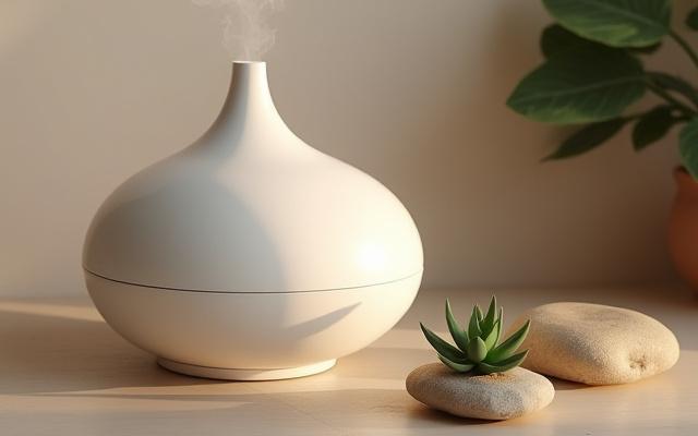 Subtle aromatherapy diffuser in a beautifully designed living space, with soft light and natural elements.